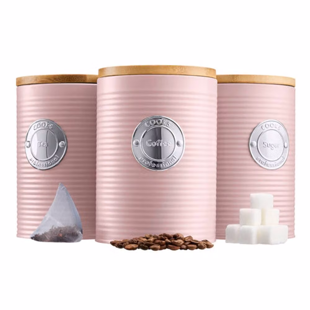 Cooks Professional 5 Piece Ribbed Tea Coffee Sugar Bread and Biscuit Canister Set with Airtight Bamboo Lids in Pink and Silver – 2