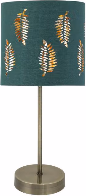 First Choice Lighting Antique Brass Stick Table Lamp with Dark Green Fern Cut Out Fabric Shade in Bronze