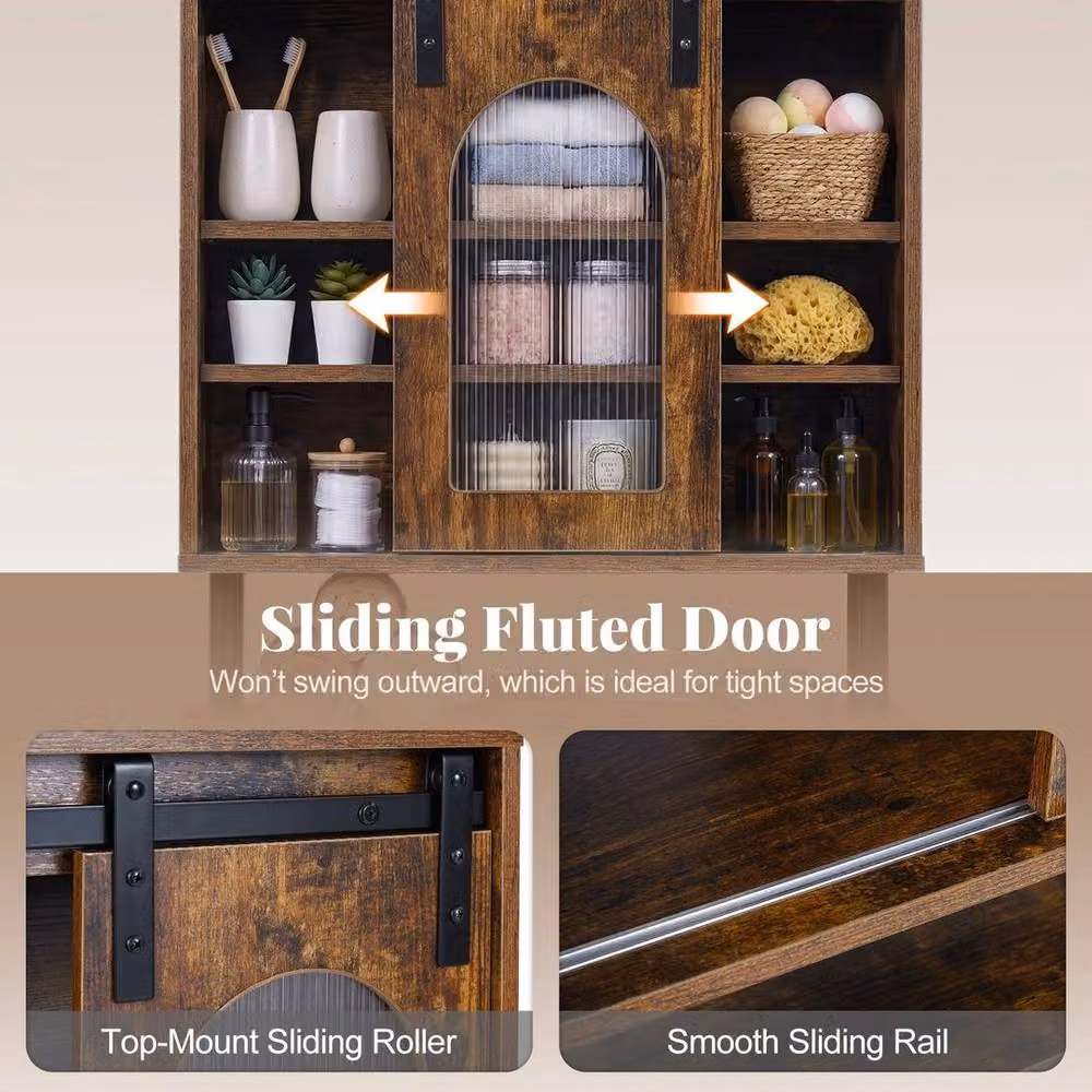 EONLION Industrial Brown Wall Mounted Bathroom Cabinet with Glass Sliding Doors and Internal Shelves – 5