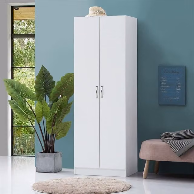 Timber Art Design Modern 2 Door Double Wardrobe in White with Hanging Rail and Internal Shelves – 1