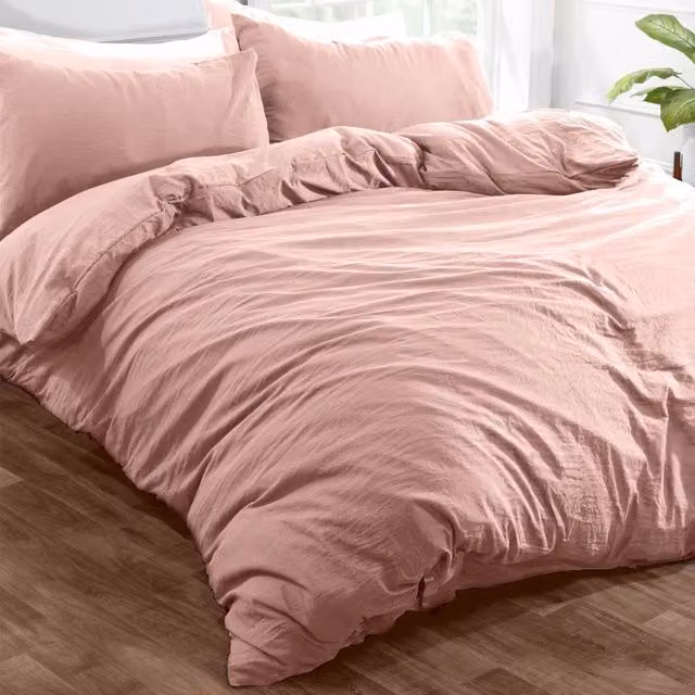 Brentfords Pink Microfibre Washed Linen Look Duvet Cover and Pillowcase Set, W: 200 cm, H: 220 cm, Pillowcases: 140 x 200 cm