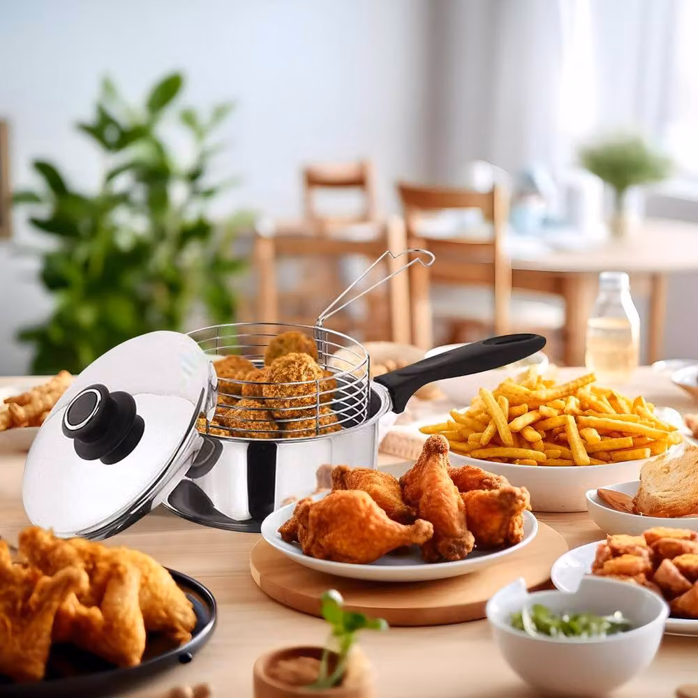 BARGAINS-GALORE 3-Piece Stainless Steel Chip Pan Fryer Set with Lid and Basket, 20 cm, Metallic Silver – 2