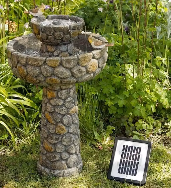 Primrose Cobbled Solar 2-Tier Bird Bath Cascade Water Fountain in Stone Colour, Height: 68 cm