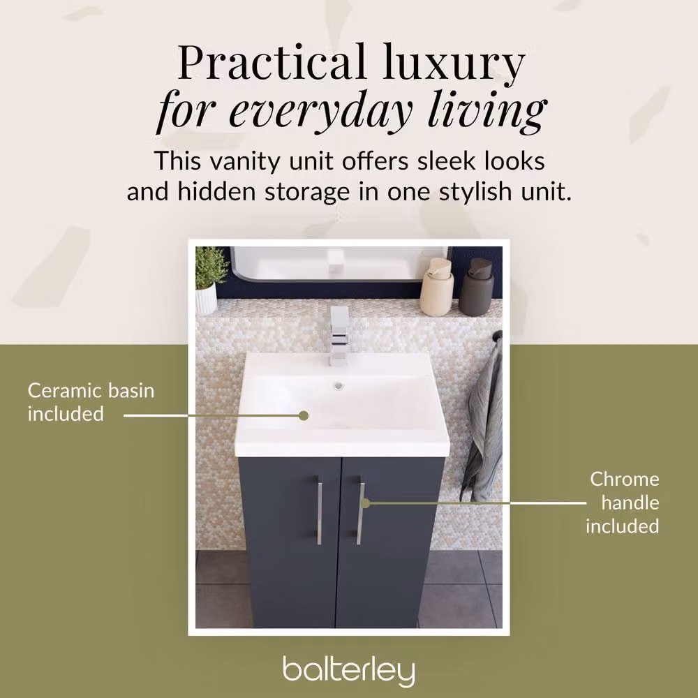 Balterley Modern Bathroom Floor Standing Vanity Unit with 2 Soft Close Doors and Rectangular Mid-Edge Basin, Dark Grey Matt – 3