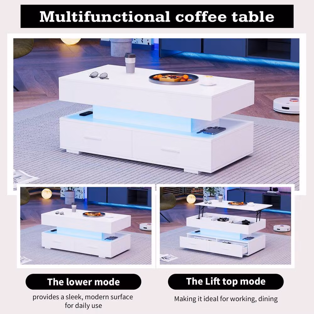 ModernLuxe White Hydraulic Lift Top Coffee Table with LED Light and 2 Drawers – 5