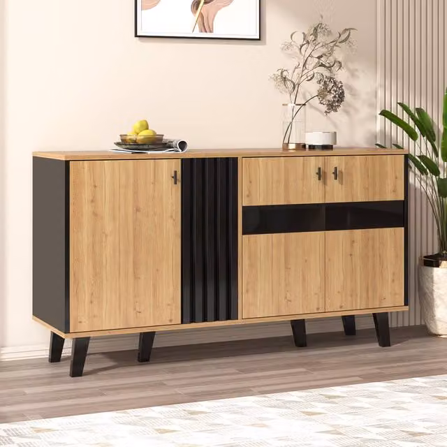 STILVORA Modern Sideboard with Integrated LED Lighting in Black and Brown Wood