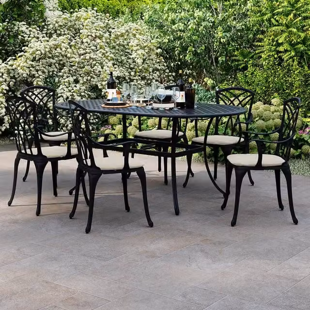 Charles Bentley 7 Piece Black Cast Aluminium Garden Furniture Set with Cream Cushions, W/D/H: 153 x 90 x 72 cm