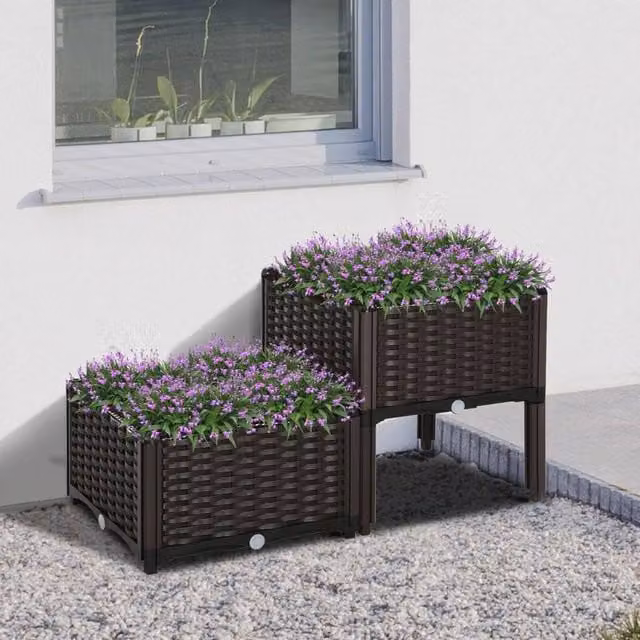 Outsunny Set of 2 Brown Plastic WPC Raised Garden Beds for Vegetables, Herbs and Ornamental Plants
