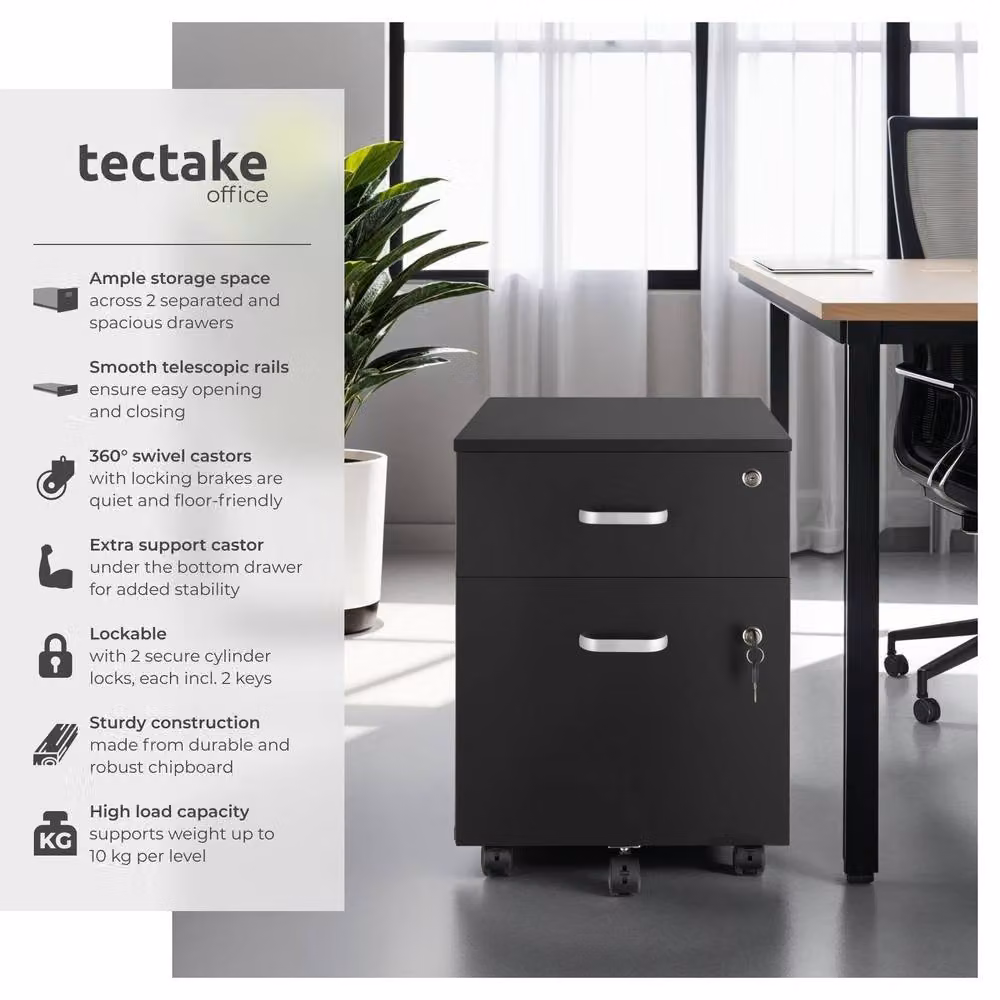 tectake Metal Filing Cabinet in Black with 2 Lockable Rolling Drawers for A4 Documents – 2