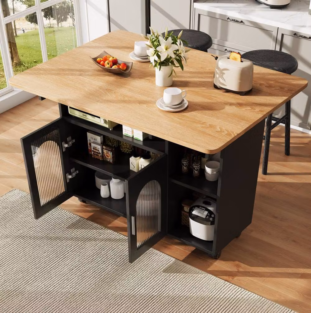 STILVORA Modern Black Kitchen Island with Folding Sides and Storage, W/D/H: 120.0 x 30.0 x 79.5 cm – 2