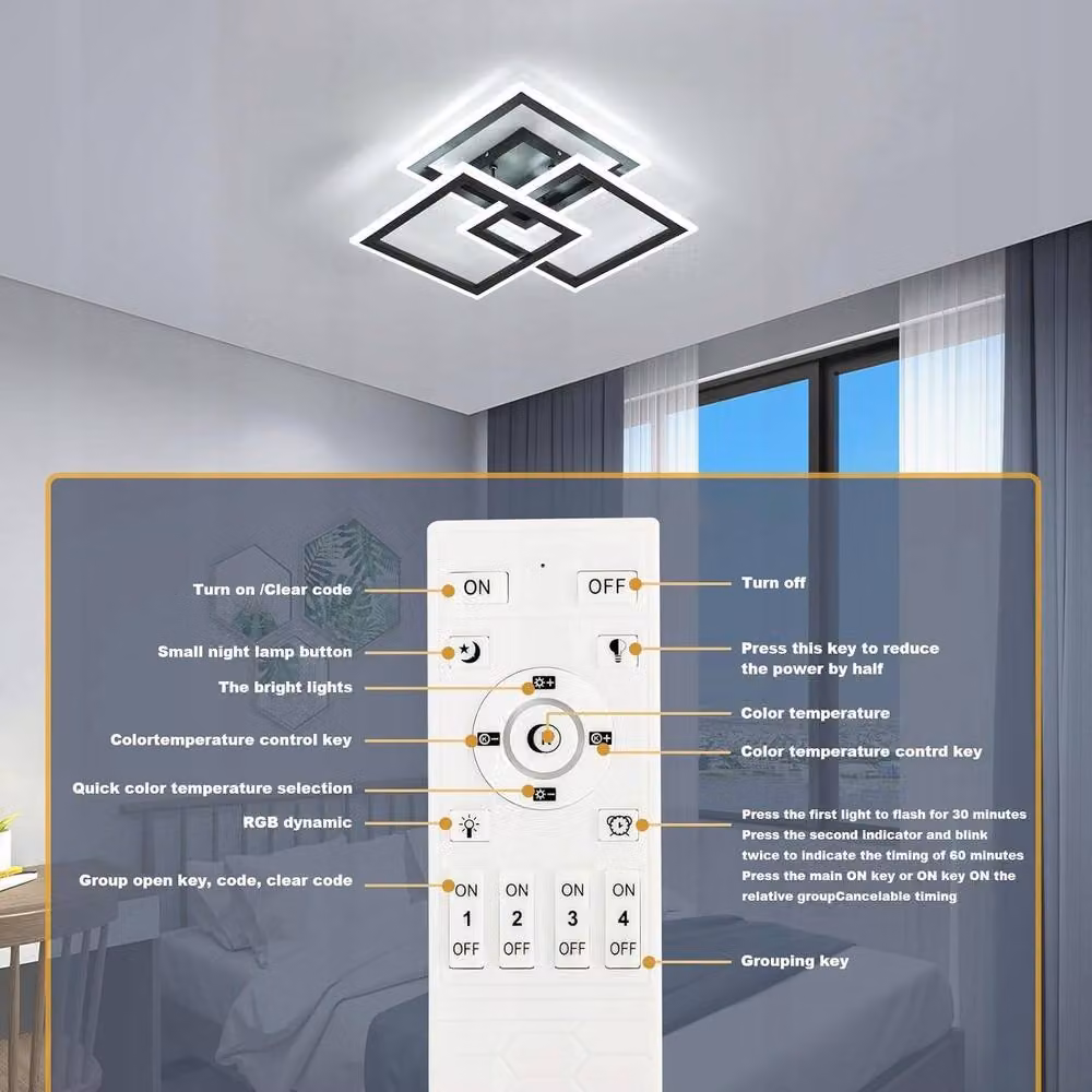 COMELY Modern Square Dimmable LED Ceiling Light, 40W Black Metal Design with Remote Control and Timer – 3