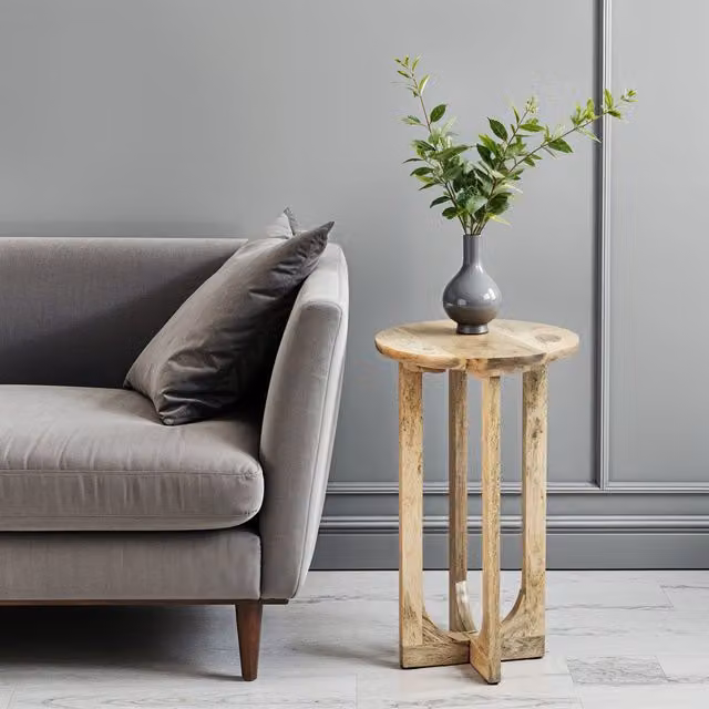 IH Design Nolan Round Solid Mango Wood Side Table in Light Brown, W/D/H: 55 x 55 x 35 cm