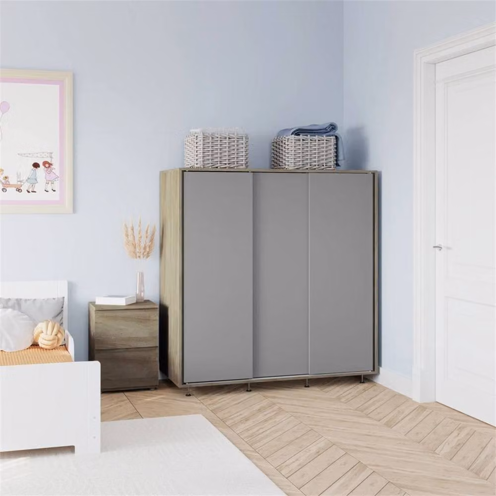 FORGEVIO Modern Oak Wardrobe with Grey Hinged Doors and Hanging Rail for Bedroom or Childrens Room – 3