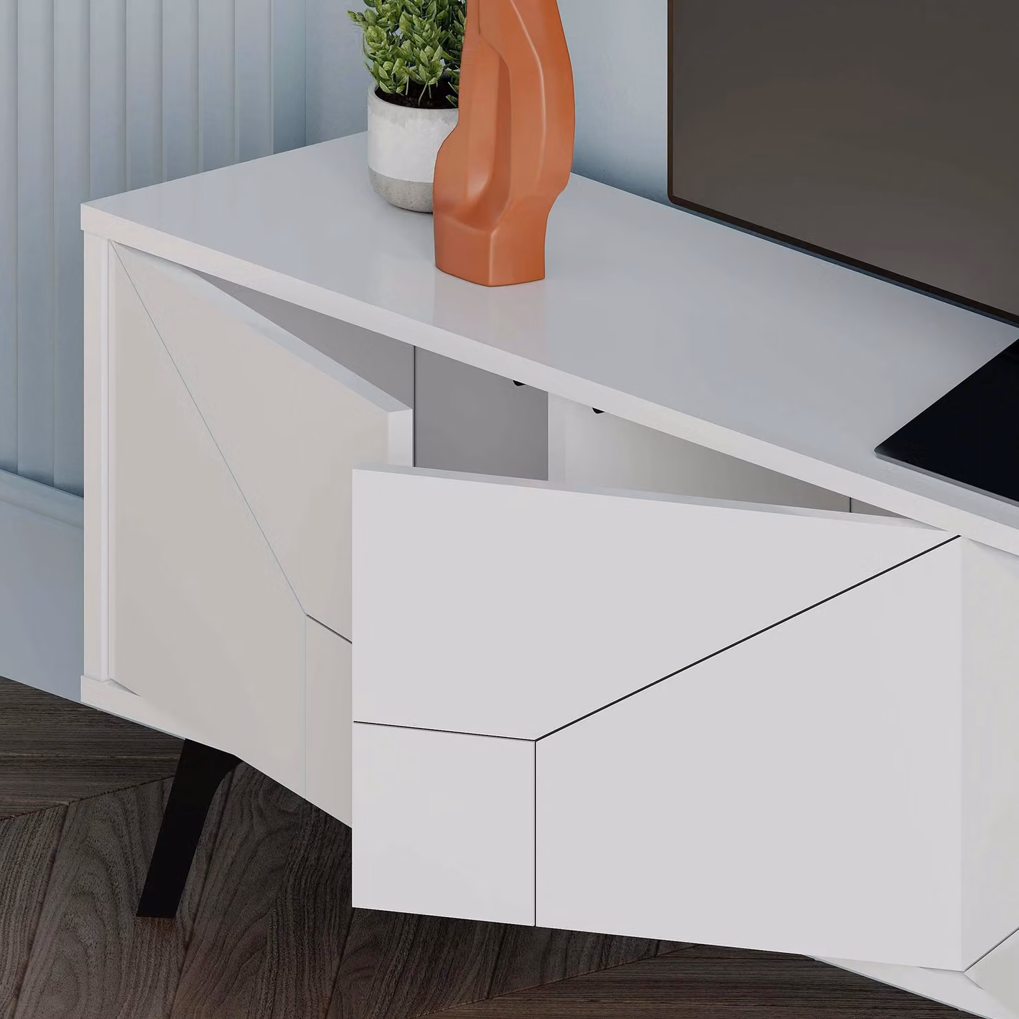 Decortie Dune Modern Geometric TV Unit Multimedia Centre in White, 2 Pack, 180cm – 3