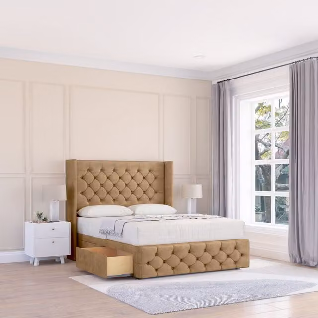 Sloomy Luthor Dumfries Wingback Bed Set with 54 inch Floor Standing Headboard in Light Beige, Super King, W/D/H: 200 x 200 cm