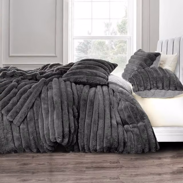 VELOSSO Plush Supersoft Jumbo Cord Cosy Winter Bedding Set in Anthracite Grey, 90 x 200 cm