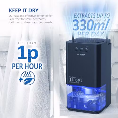 NETTA Mini Dehumidifier with 24-Hour Timer and 7-Colour LED Light, 1.4 l, Black – 2