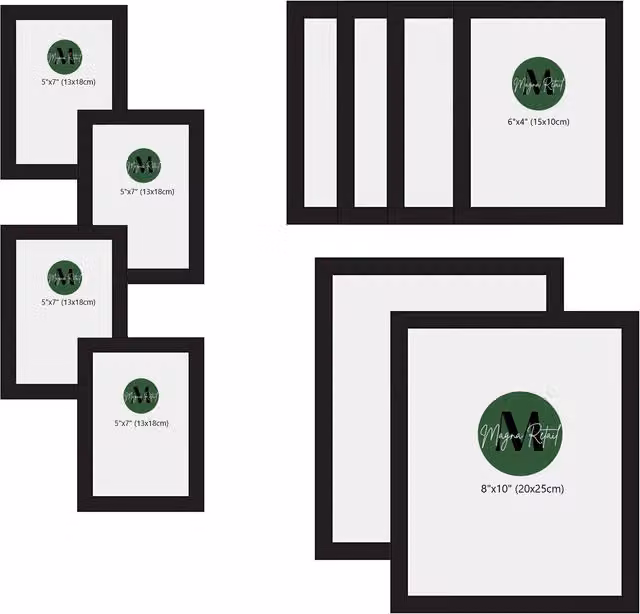 Magna Retail Set of 10 Black Rectangular Minimalist Gallery Photo Frames for Tabletop Use