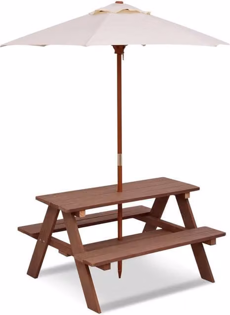 Costway 3 in 1 Childrens Outdoor Picnic Activity Table with Removable Umbrella in Brown – 1
