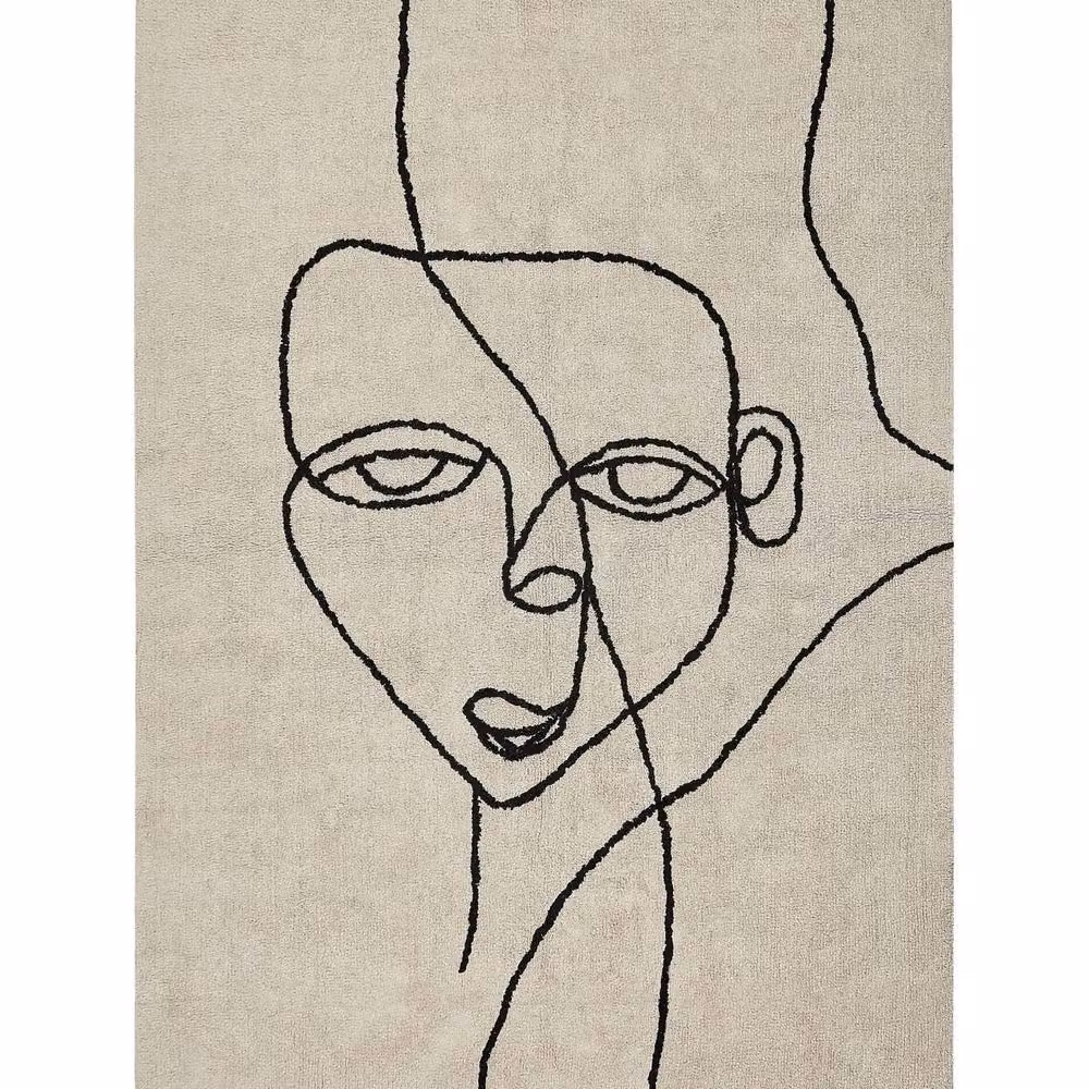 Wyld and Coco Boho Modern Abstract Area Rug in Beige and Black with Tassels, W: 140 cm, L: 200 cm