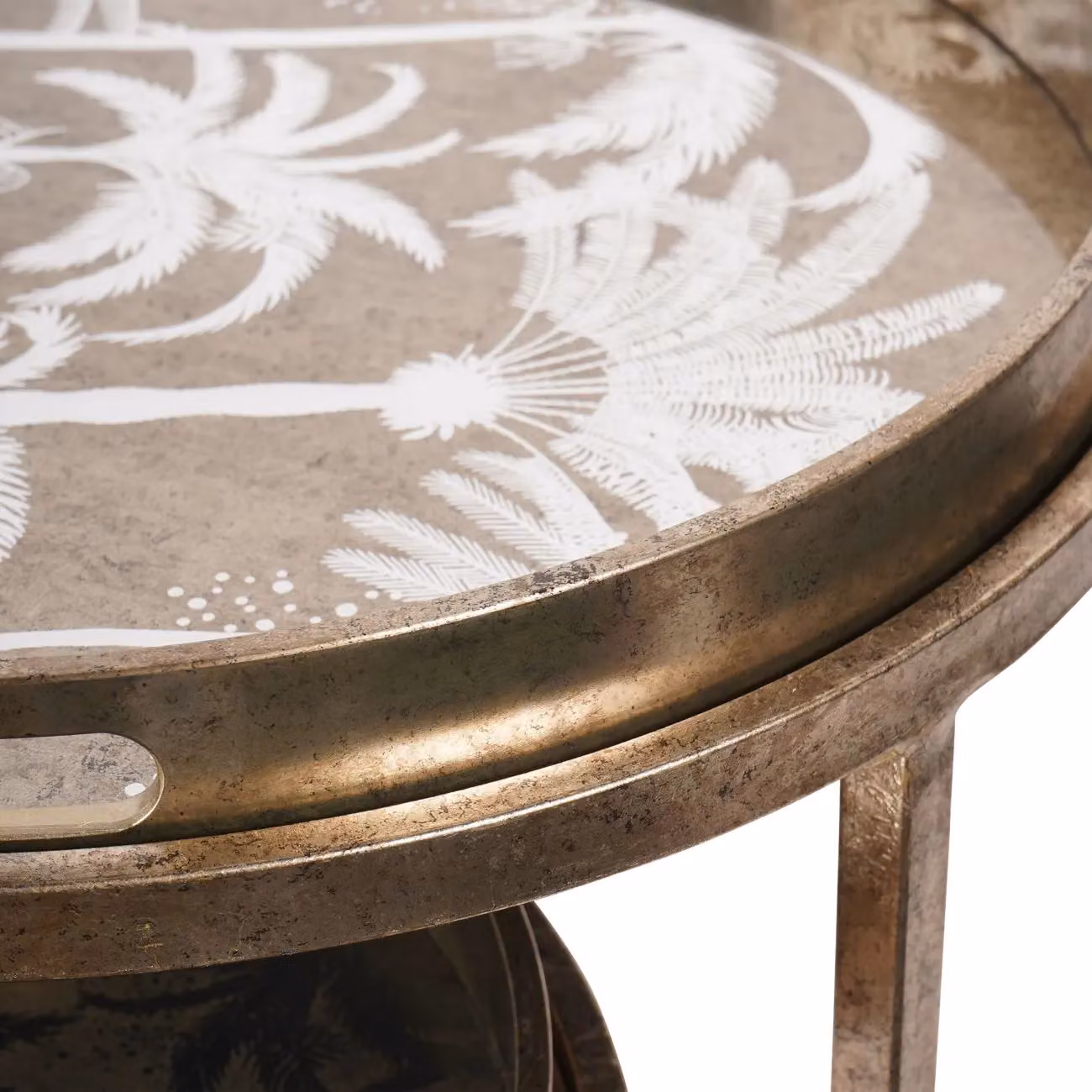 Libra Interiors Palm Tree Set of 2 Gold Metal and Glass Square Side Tray Tables W/D/H: 48 x 48 x 69 cm and 48 x 48 x 48 cm – 3