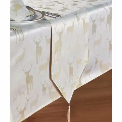 Harwoods Christmas Story Gold Stag Table Runner with Tassels, W: 33.03 cm, L: 182.88 cm