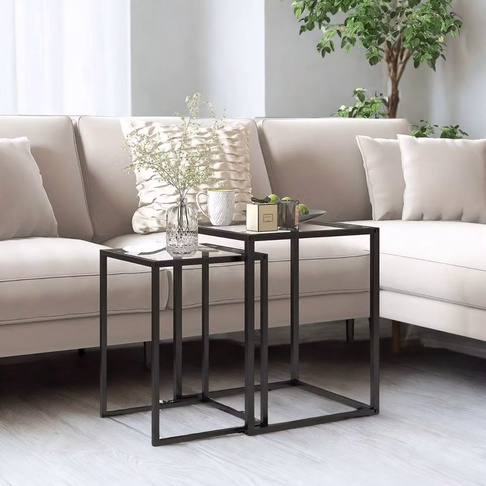FURNOS Set of 2 Modern Nesting Side Tables with Black Tempered Glass Tops – 2
