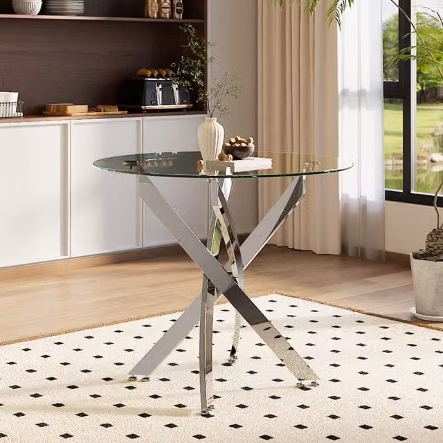 Livingandhome Round Tempered Glass Dining Table with Chromed X-Frame Legs in Transparent and White