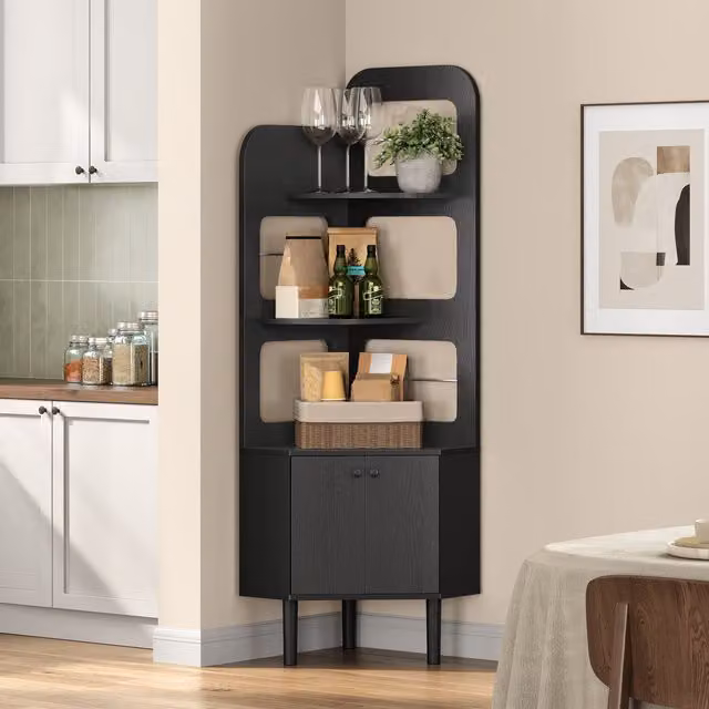 Yaheetech Corner Bookshelf and Kitchen Storage Rack with Cabinet and 3 Shelves, Black