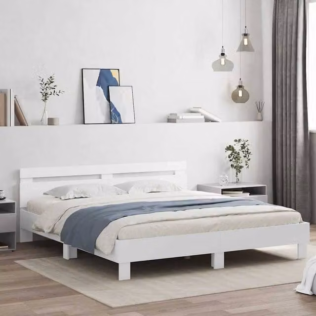 Berkfield Home Modern White Engineered Wood Bed Frame with LED Under-Bed Lighting and USB Charging Port W/D/H: 193 x 203 cm – 1
