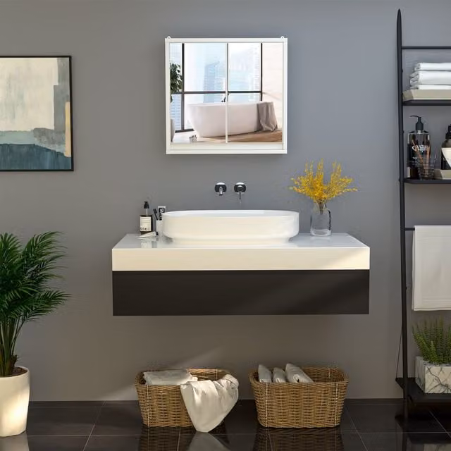 HOMCOM White Wall Mounted Bathroom Mirror Cabinet with Glass Doors and Internal Shelves – 1