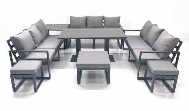 Fimous 12 Seater Garden Sofa Set with Height Adjustable Dining Table, Side Table and 3 Footstools in Dark Grey Powder Coated Aluminium