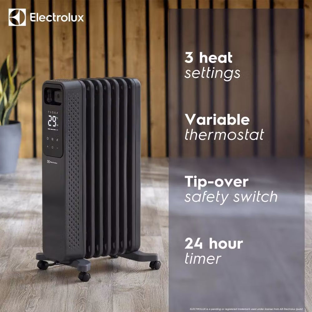 Electrolux 1500W Oil Filled Radiator in Grey with Thermostat, Timer and Safety Protection – 3