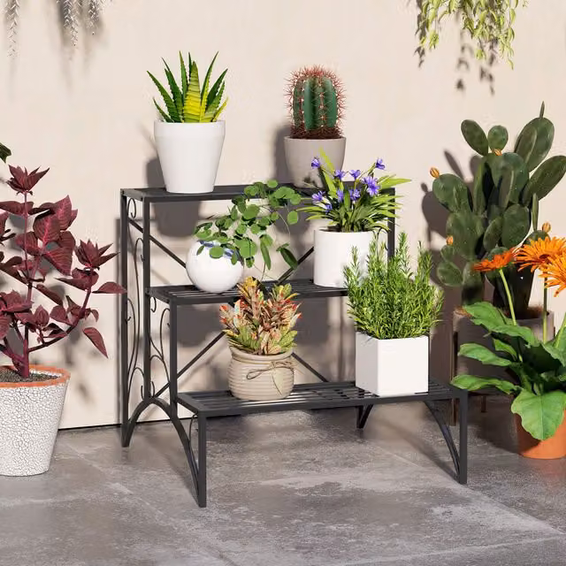 OUTSUNNY 3-Tier Metal Plant Stand, Black, W/D/H: 60 x 60 x 60 cm – 1
