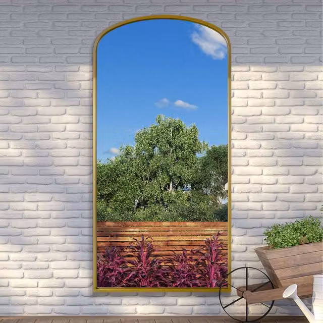 MirrorOutlet Angustus Modern Arched Metal Garden Wall Mirror in Gold, Height: 200 cm
