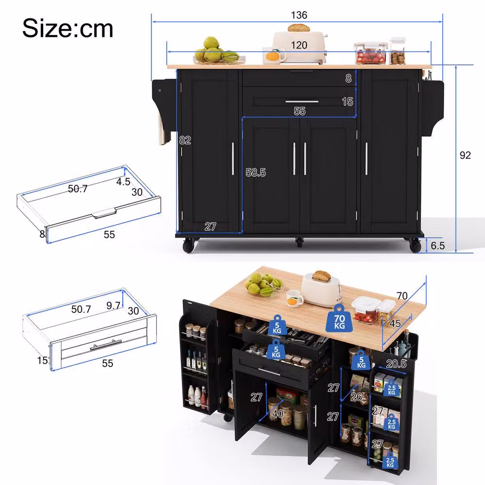 Merax Rolling Kitchen Island Trolley with Foldable Worktop in Black, W/D/H: 120 x 45 x 92 cm – 7