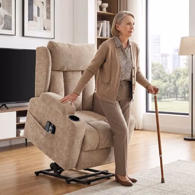 HOMCOM Brown Fabric Power Recliner Chair with Massage, Heat and Lift Assist