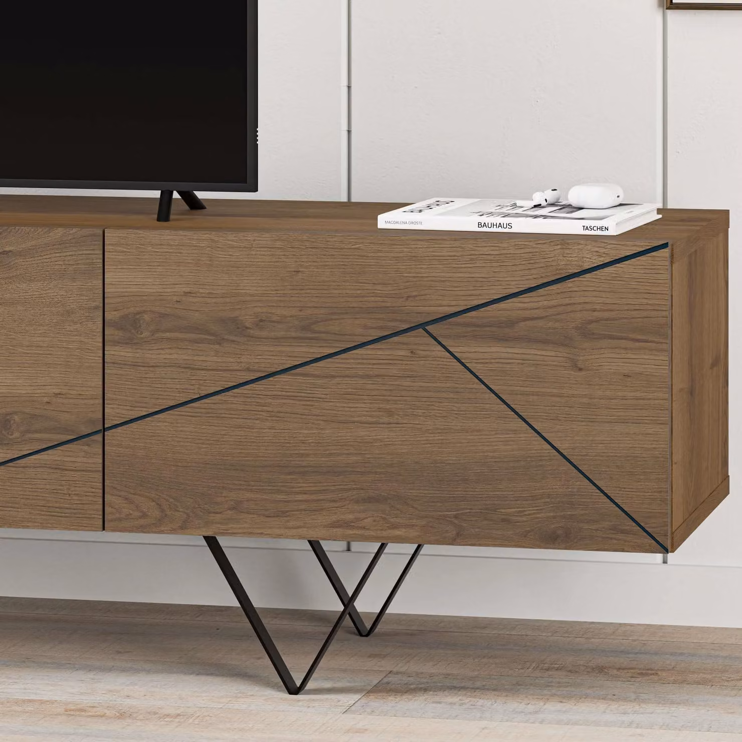 Decortie Jakomen Modern TV Stand Media Unit in Brown and Black with 3 Doors and Media Compartments, Width: 160 cm – 3