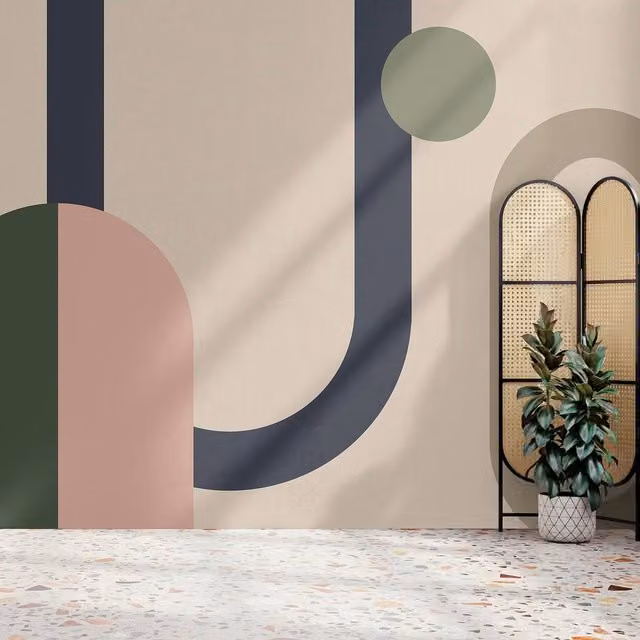Superfresco Easy Oval Geo Pop Green/Pink Print To Order Geometric Mural in Beige, W: 300 cm, H: 280 cm – 1