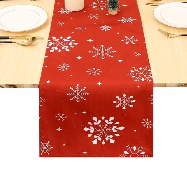 London Boutique Christmas Snowflake Tablecloth in Red, White and Green, W/D/H: 33.02 x 33.02 x 137.16 cm