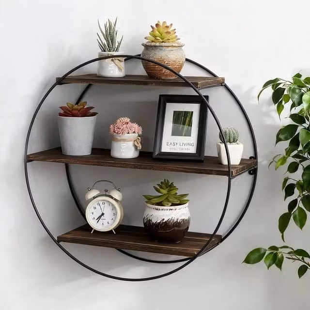 FORGEVIO Industrial Wall Mounted Circular Floating Shelves in Black with Pine Wood and Integrated Lighting – 1