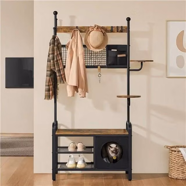 KORVIXA Industrial Hall Tree with Bench, Coat Rack and Shoe Rack in Brown and Black, H 90 cm x W 90 cm x D 90 cm