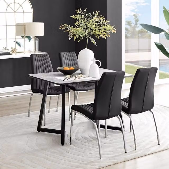 FurnitureboxUK Carson White Marble Effect Dining Table and 4 Isco Black Faux Leather Chairs – 1