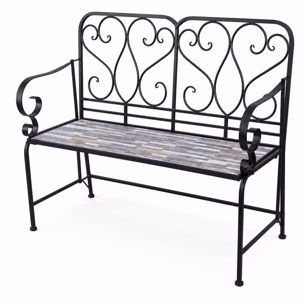 Shatchi Oasis Mediterranean Mosaic 2 Seater Garden Bench in Multicolour Metal and Ceramic Tile, W: 112 cm, H: 96 cm, D: 47 cm – 2