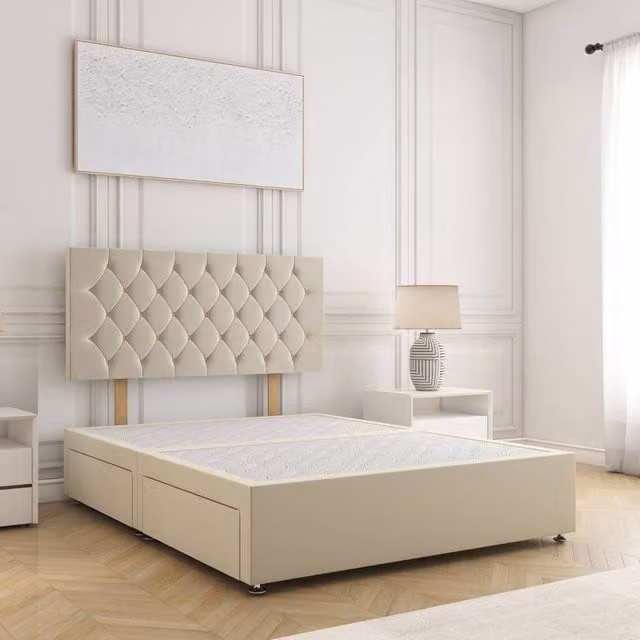 BSSPOKE Mia Single Divan Bed with 24 inch Plush Headboard and 2 Drawers in Beige Velvet Fabric, W/D/H: 90 x 190 cm