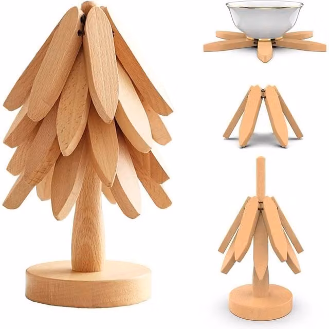 PAWNORA Natural Foldable Walnut Wooden Trivet Set in Brown