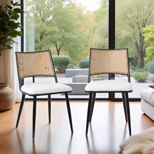 Furniture One Set of 2 Mid-Century Dining Chairs with Rattan Backrest and White Fabric Upholstery