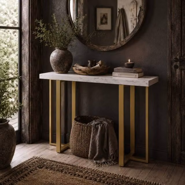 Wyld Haus Larose Narrow Console Table in White and Gold, W: 100 cm, D: 30 cm, H: 78.5 cm – 1
