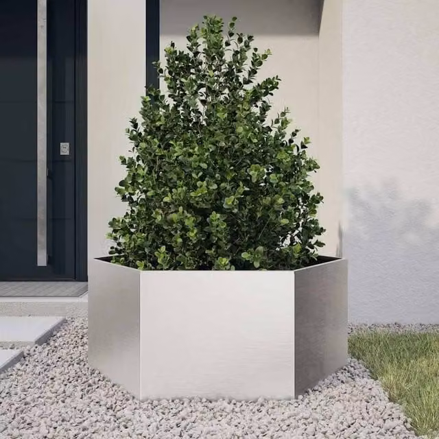 Berkfield Hexagon Garden Planter in Silver Stainless Steel, W: 104 cm, D: 90 cm, H: 45 cm – 1