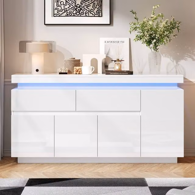Rolipo White High Gloss Modern Sideboard with Integrated LED Lights, 4 Doors and 2 Drawers, W: 140 cm, H: 72.5 cm, D: 40 cm